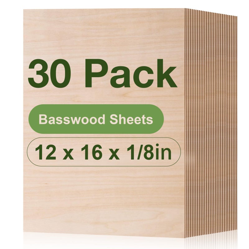 ROBOTIME 30Pack Basswood Sheets 18 x 12 x 16  Laser Engraving Blanks 3mm Wood for Laser Cutting and Engraving