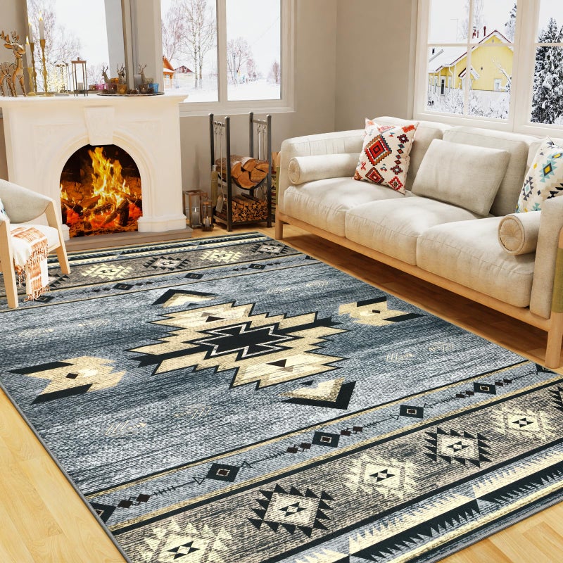 B BENRON Western Rugs for Living Room Bedroom Non Slip, Aesthetic Home Decor for Dining Table Kitchen Porch Nursery, Washable Throw Rugs with Rubber Backing, 3ft x 5ft, Grey - Image 1
