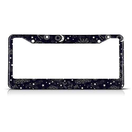 Beabes Sun License Plate Frame Auto Tag Frames Moon and Stars Over Black License Plates Holder 2 Holes Sky Black White Decorative Car Truck Motorcycle License Plates Tag for Men Women - Image 1