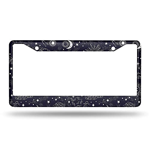 Beabes Sun License Plate Frame Auto Tag Frames Moon and Stars Over Black License Plates Holder 2 Holes Sky Black White Decorative Car Truck Motorcycle License Plates Tag for Men Women - Image 2