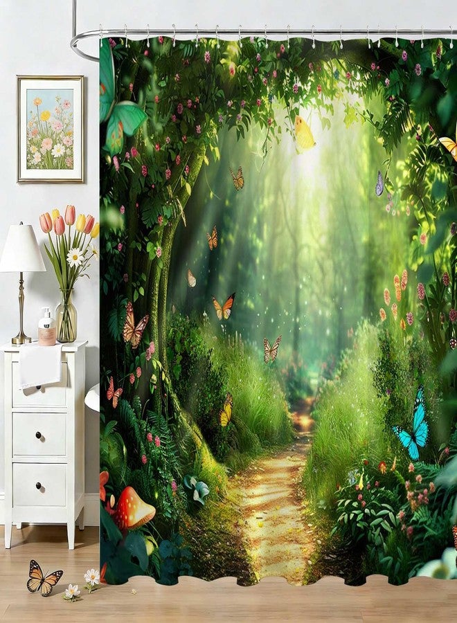 Mocsicka Enchanted Forest Shower Curtain Green Tree Spring Nature Garden Scene Bathroom Shower Curtain Forest Tree Waterproof Fabric Shower Curtains Bathtub Decor with 12 Hooks 72 X 72 Inch - Image 1