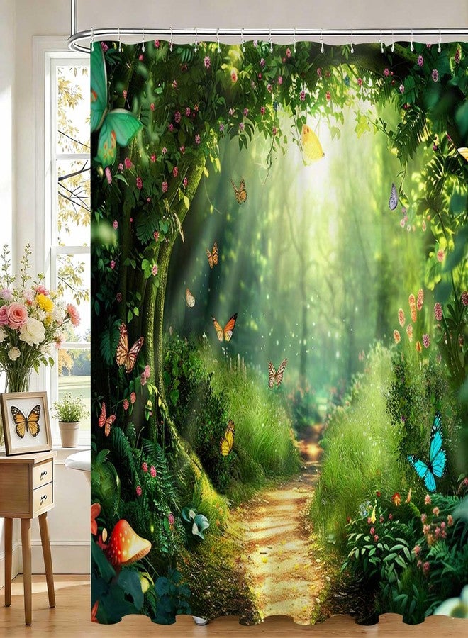 Mocsicka Enchanted Forest Shower Curtain Green Tree Spring Nature Garden Scene Bathroom Shower Curtain Forest Tree Waterproof Fabric Shower Curtains Bathtub Decor with 12 Hooks 72 X 72 Inch - Image 2