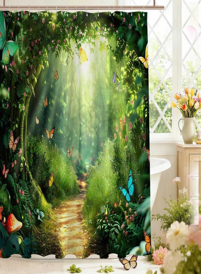 Mocsicka Enchanted Forest Shower Curtain Green Tree Spring Nature Garden Scene Bathroom Shower Curtain Forest Tree Waterproof Fabric Shower Curtains Bathtub Decor with 12 Hooks 72 X 72 Inch - Image 3