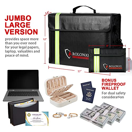 ROLOWAY Large (17 x 12 x 5.8 inches) Fireproof Bag with Reflective Strip, Water Resistant Fireproof Document Bag Safe for Money, Documents and Valuables Storage - Image 3