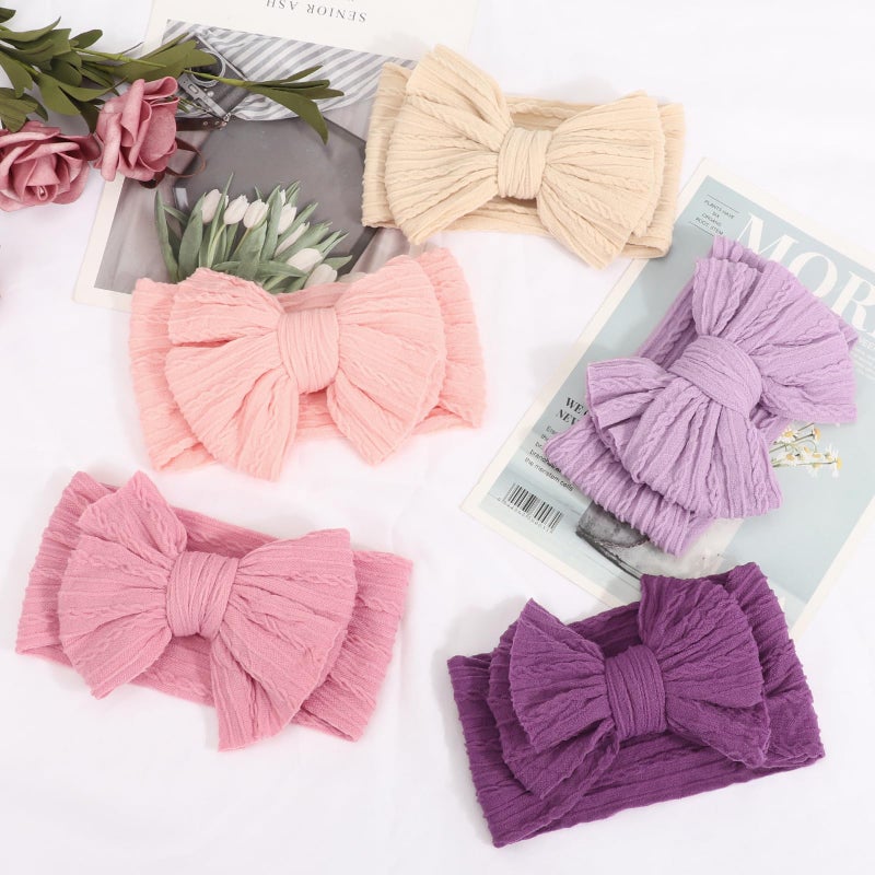 DRESHOW BQUBO Handmade Baby Headbands Soft & Stretchy Hair Bands with Bows Nylon Bows Hairbands for Girls Newborn Infant Toddlers Hair Accessories 5 Pack - Image 3
