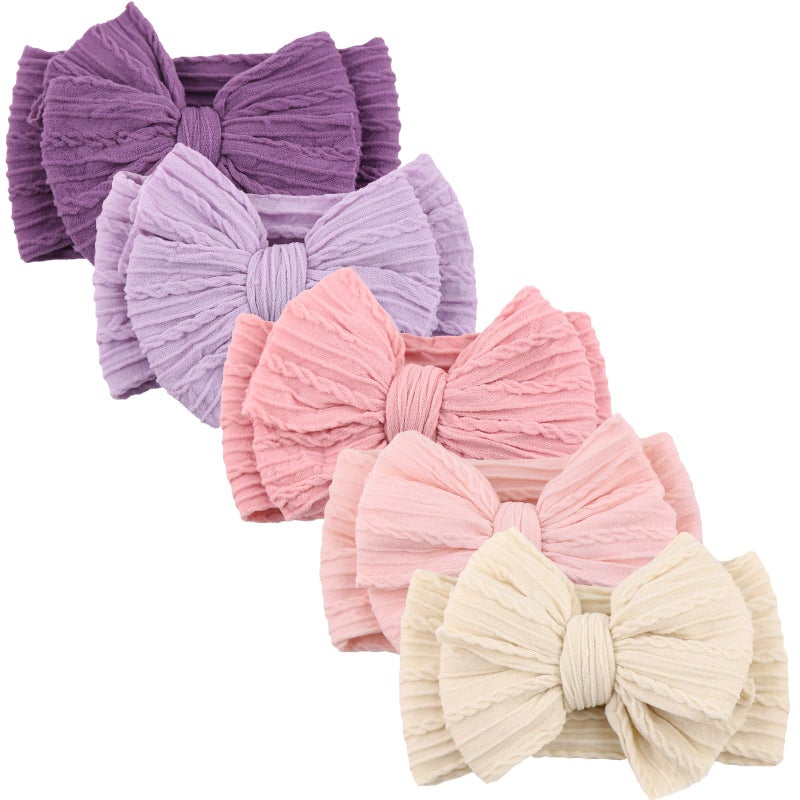 DRESHOW BQUBO Handmade Baby Headbands Soft & Stretchy Hair Bands with Bows Nylon Bows Hairbands for Girls Newborn Infant Toddlers Hair Accessories 5 Pack - Image 1