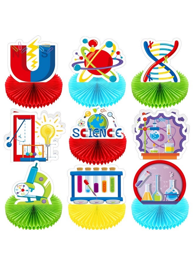 ايباك 9 قطع من ديكورات حفلات العلوم، قطع مركزية على شكل قرص العسل، زينة طاولة ثلاثية الأبعاد لحفلات العلوم، زينة طاولات لحفلات العلوم، لوازم حفلات الكيمياء، ديكورات أسبوع المختبر - Image 1