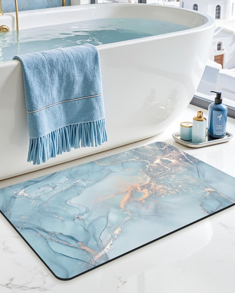 DEXI Bathroom Mat Ultra Thin Non Slip Bath Rug for Shower Floor Absorbent Quick Dry Marble Bathmats Low Profile 16x24 Blue