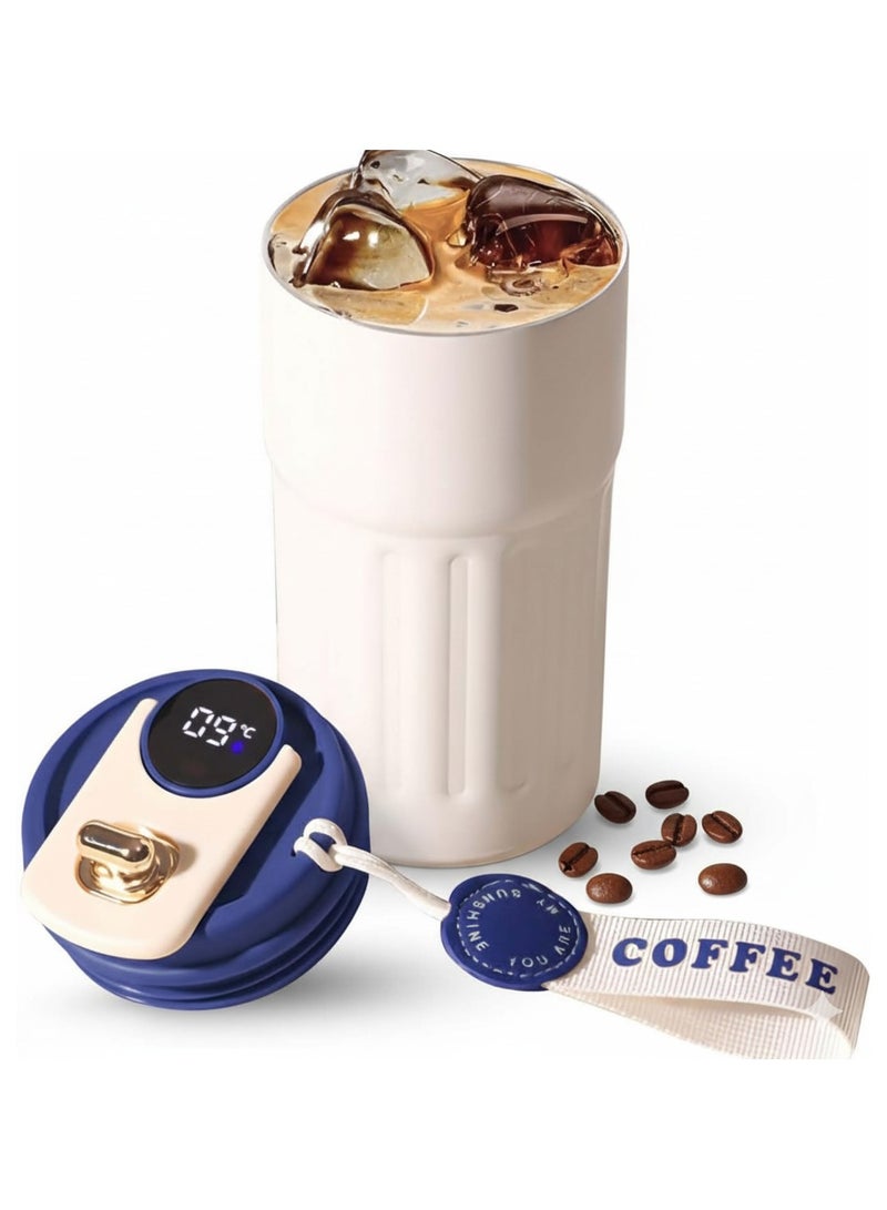 كوب قهوة معزول للسفر، سعة 460 مل، قارورة مفرغة، كوب سيارة مع شاشة عرض لدرجة الحرارة، كوب قهوة مفرغ من الفولاذ المقاوم للصدأ 316، كوب حراري مانع للتسرب، أزرق بيج - Image 1