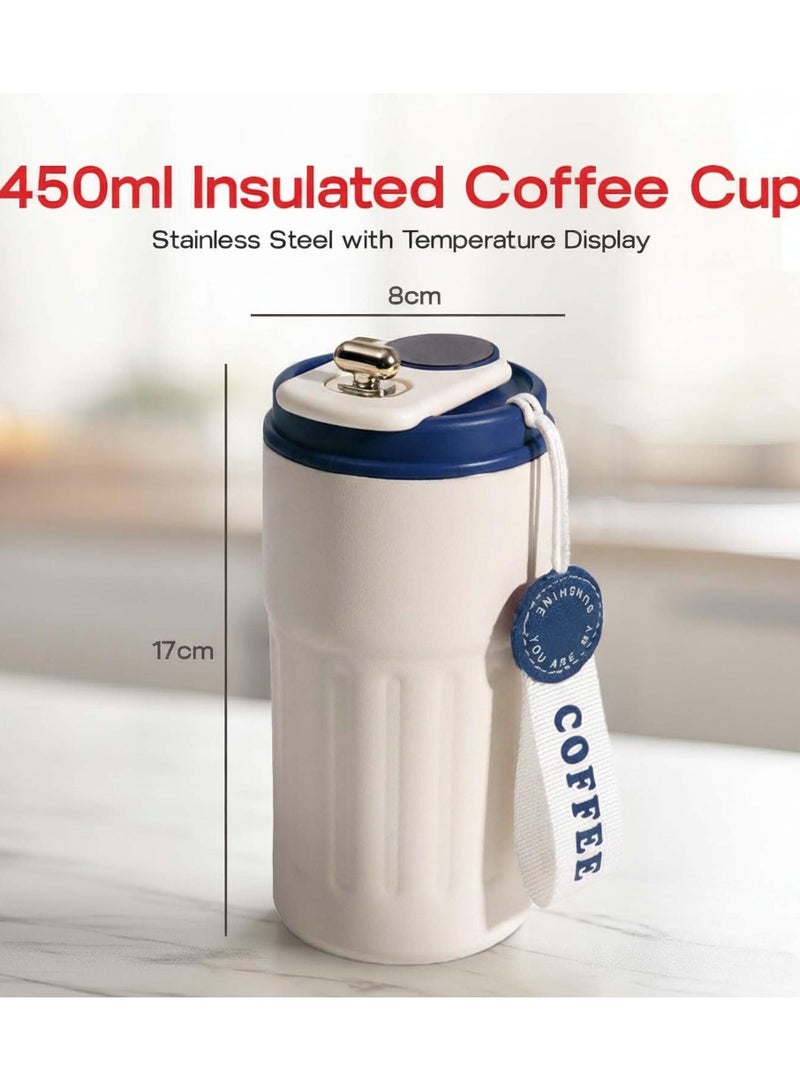 كوب قهوة معزول للسفر، سعة 460 مل، قارورة مفرغة، كوب سيارة مع شاشة عرض لدرجة الحرارة، كوب قهوة مفرغ من الفولاذ المقاوم للصدأ 316، كوب حراري مانع للتسرب، أزرق بيج - Image 2