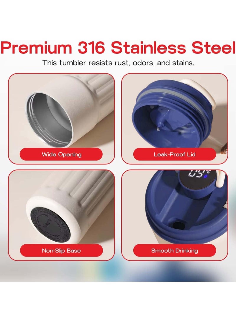 كوب قهوة معزول للسفر، سعة 460 مل، قارورة مفرغة، كوب سيارة مع شاشة عرض لدرجة الحرارة، كوب قهوة مفرغ من الفولاذ المقاوم للصدأ 316، كوب حراري مانع للتسرب، أزرق بيج - Image 3