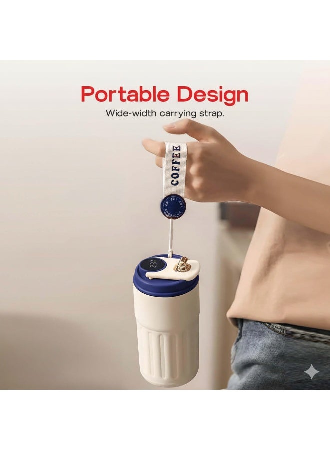 كوب قهوة معزول للسفر، سعة 460 مل، قارورة مفرغة، كوب سيارة مع شاشة عرض لدرجة الحرارة، كوب قهوة مفرغ من الفولاذ المقاوم للصدأ 316، كوب حراري مانع للتسرب، أزرق بيج - Image 5