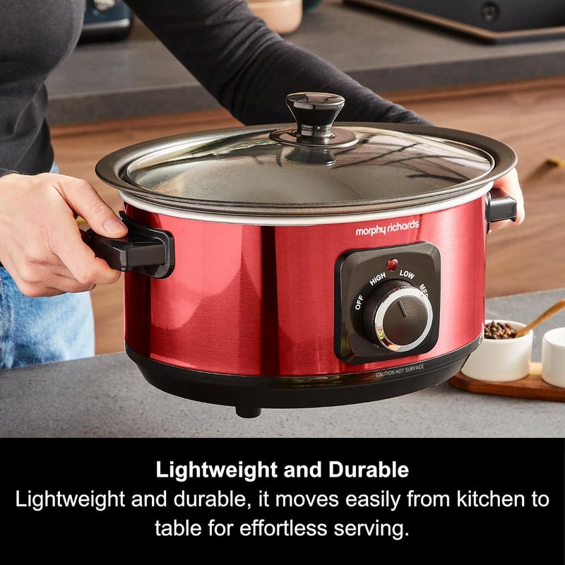 مورفي ريتشاردز قدر الطهي البطيء من ماركة Morphy Richards سعة 3.5 لتر، مقاوم للصدمات، مصنوع من الألمنيوم غير لاصق، قابل للاستخدام مرة واحدة فقط، مدمج الحجم، يحتوي على 3 إعدادات حرارية، مقاوم للحرائق، ويأتي مع غطاء زجاجي. - Image 2