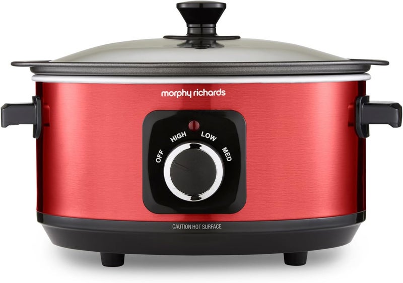 مورفي ريتشاردز قدر الطهي البطيء من ماركة Morphy Richards سعة 3.5 لتر، مقاوم للصدمات، مصنوع من الألمنيوم غير لاصق، قابل للاستخدام مرة واحدة فقط، مدمج الحجم، يحتوي على 3 إعدادات حرارية، مقاوم للحرائق، ويأتي مع غطاء زجاجي. - Image 1