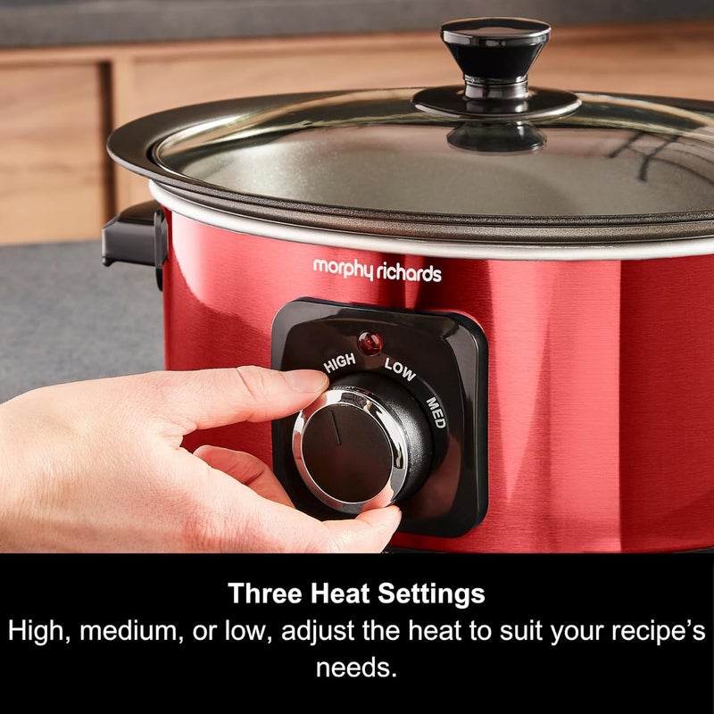 مورفي ريتشاردز قدر الطهي البطيء من ماركة Morphy Richards سعة 3.5 لتر، مقاوم للصدمات، مصنوع من الألمنيوم غير لاصق، قابل للاستخدام مرة واحدة فقط، مدمج الحجم، يحتوي على 3 إعدادات حرارية، مقاوم للحرائق، ويأتي مع غطاء زجاجي. - Image 3