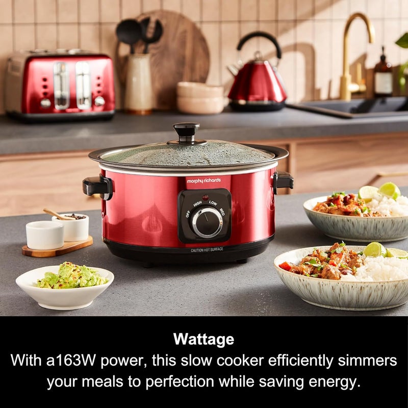 مورفي ريتشاردز قدر الطهي البطيء من ماركة Morphy Richards سعة 3.5 لتر، مقاوم للصدمات، مصنوع من الألمنيوم غير لاصق، قابل للاستخدام مرة واحدة فقط، مدمج الحجم، يحتوي على 3 إعدادات حرارية، مقاوم للحرائق، ويأتي مع غطاء زجاجي. - Image 5