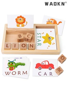WAOKN Spelling Games, Wooden Matching Letters Toy with Flash Cards Words, Montessori ABC Alphabet Learning Educational Puzzle Gift for Preschool Boys Girls Kids Age 3 4 5 Years Old  - Image 1