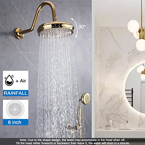 Enga Bright Gold Brass Shower Tub Faucet System Antique 8inch Rainfall Shower with Spout and Hand Spray - Image 4