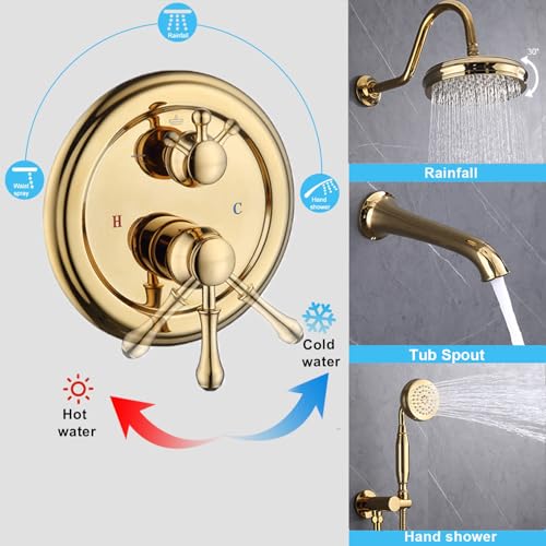 Enga Bright Gold Brass Shower Tub Faucet System Antique 8inch Rainfall Shower with Spout and Hand Spray - Image 3
