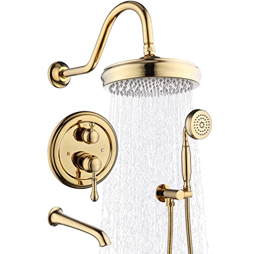 Enga Bright Gold Brass Shower Tub Faucet System Antique 8inch Rainfall Shower with Spout and Hand Spray - Image 1