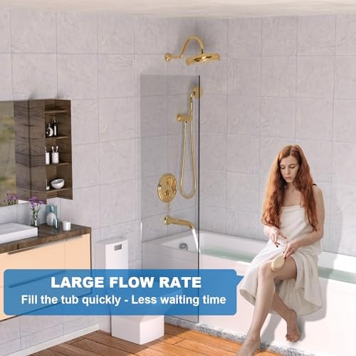 Enga Bright Gold Brass Shower Tub Faucet System Antique 8inch Rainfall Shower with Spout and Hand Spray - Image 2