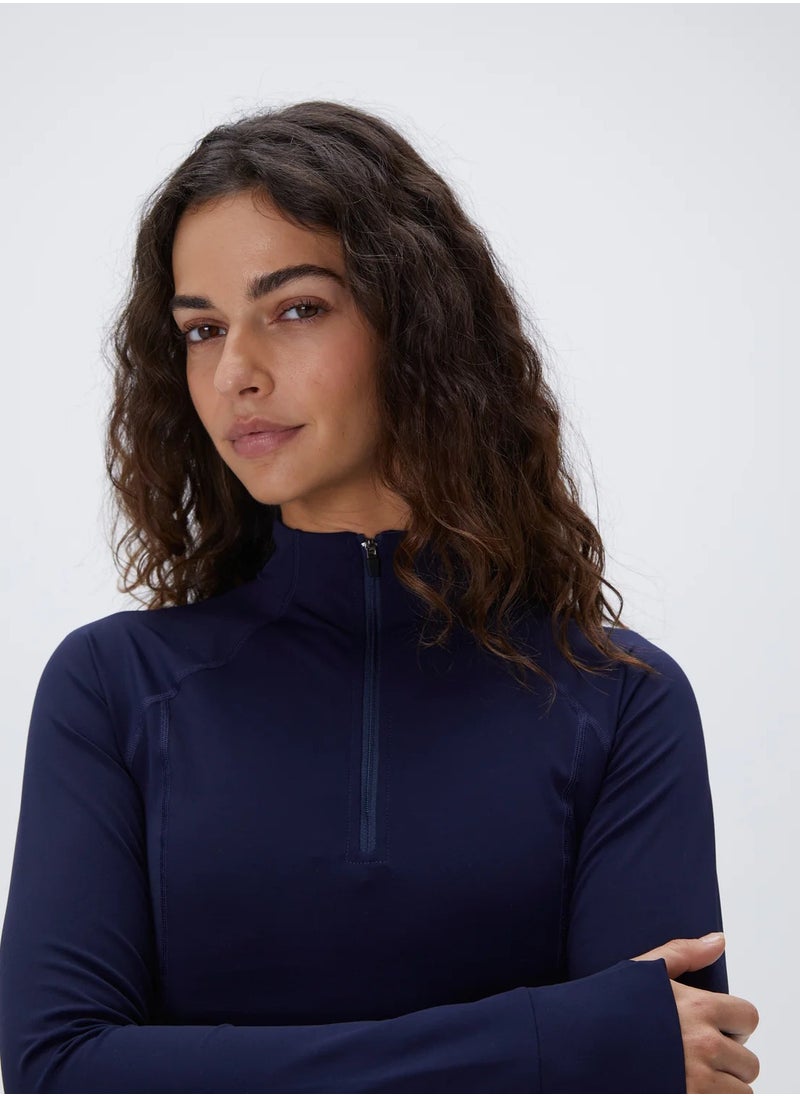 Vicino Vicino Women's Long Sleeve Short Zip Front Workout Sweatshirt Navy  - Image 2