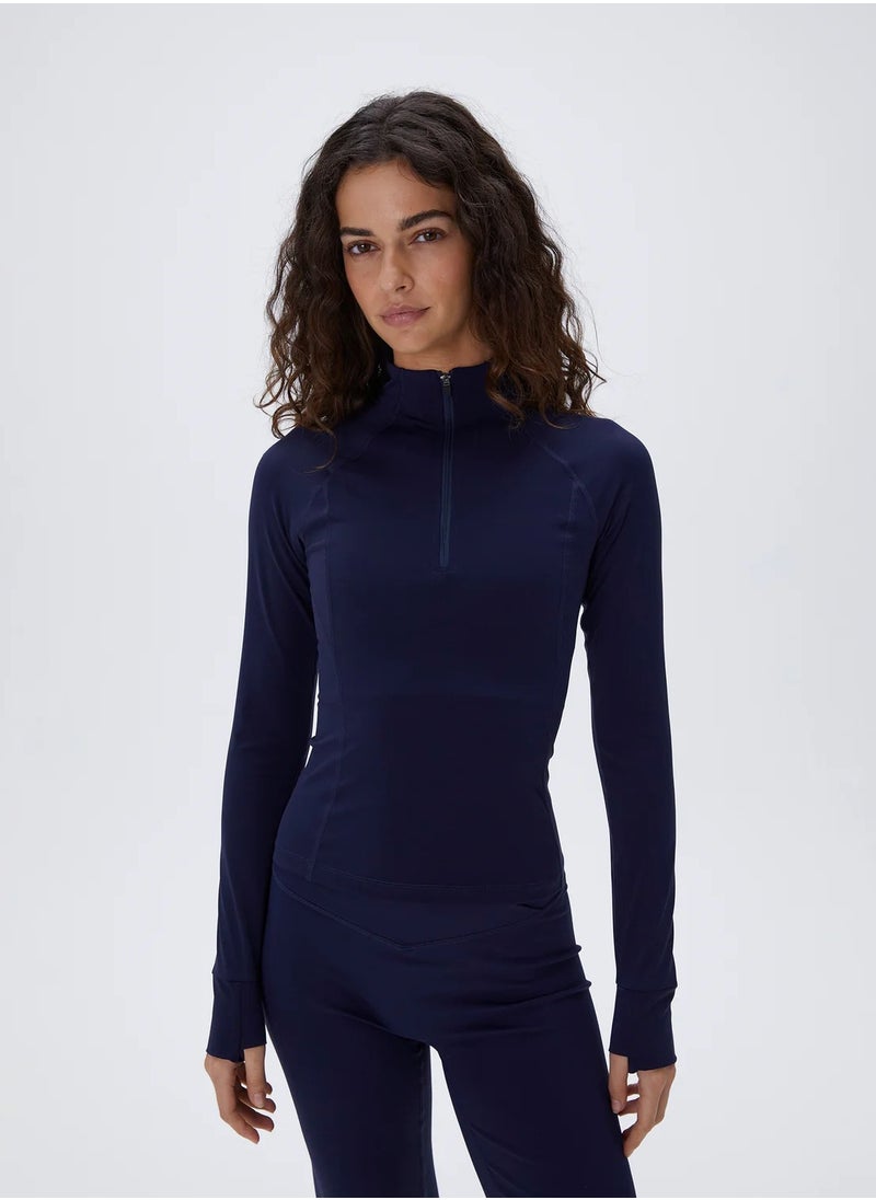 Vicino Vicino Women's Long Sleeve Short Zip Front Workout Sweatshirt Navy  - Image 1