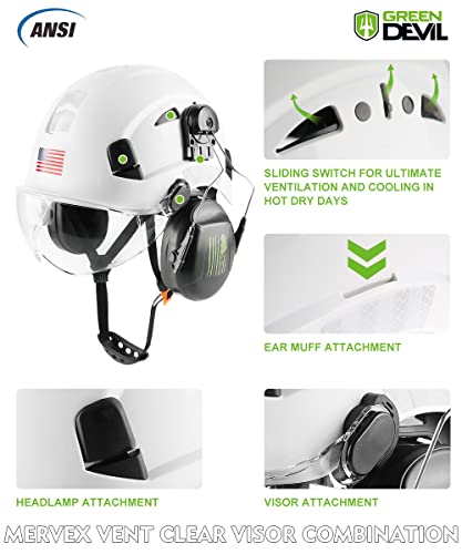 GREEN DEVIL Safety Helmet Hard Hat with Visor and Ear Protection Adjustable Lightweight Vented ABS Work Helmet for Men and Women 6-Point Suspension ANSI Z89.1 Approved Ideal for Industrial & Construction - Image 3