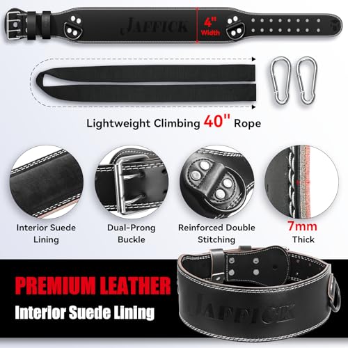 Jaffick Leather Weight lifting belt & 2-in-1 Dip Belt with Rope for Weightlifting Pull Up Gym Powerlifting Squat Bodybuilding Waist Support for Men Women - Image 3