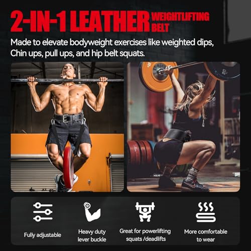 Jaffick Leather Weight lifting belt & 2-in-1 Dip Belt with Rope for Weightlifting Pull Up Gym Powerlifting Squat Bodybuilding Waist Support for Men Women - Image 2