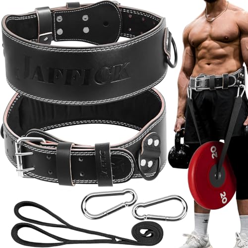 Jaffick Leather Weight lifting belt & 2-in-1 Dip Belt with Rope for Weightlifting Pull Up Gym Powerlifting Squat Bodybuilding Waist Support for Men Women - Image 1