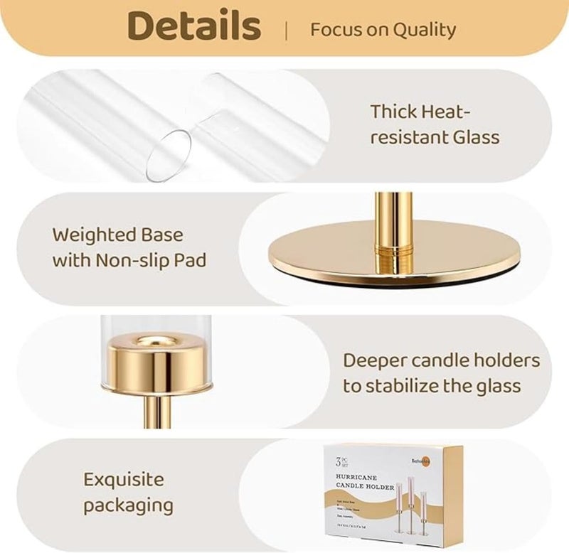 Yelajoy Gold Hurricane Taper Candle Holders - 3Pcs Brass Candlestick Holders with Ribbed Glass Cylinder Cover - Image 2