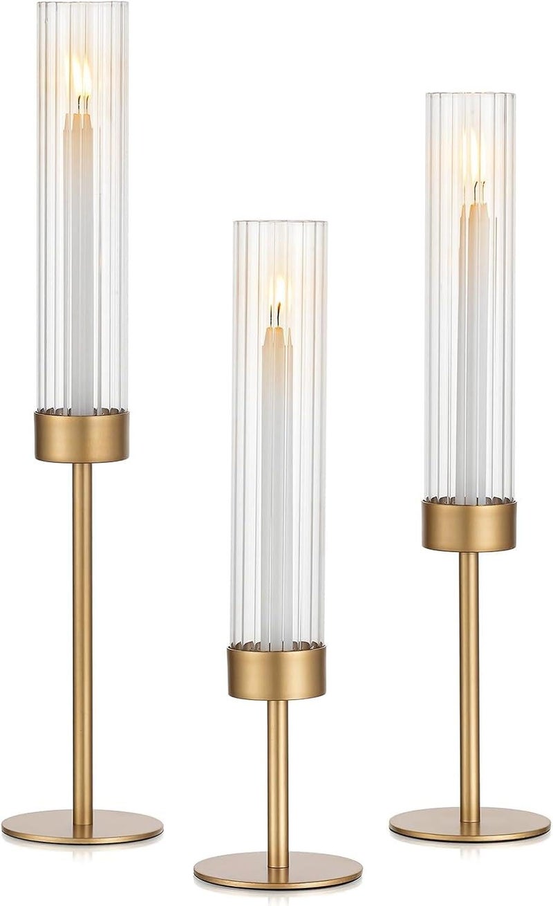 Yelajoy Gold Hurricane Taper Candle Holders - 3Pcs Brass Candlestick Holders with Ribbed Glass Cylinder Cover - Image 1
