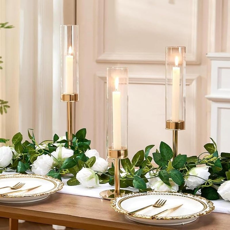 Yelajoy Gold Hurricane Taper Candle Holders - 3Pcs Brass Candlestick Holders with Ribbed Glass Cylinder Cover - Image 5