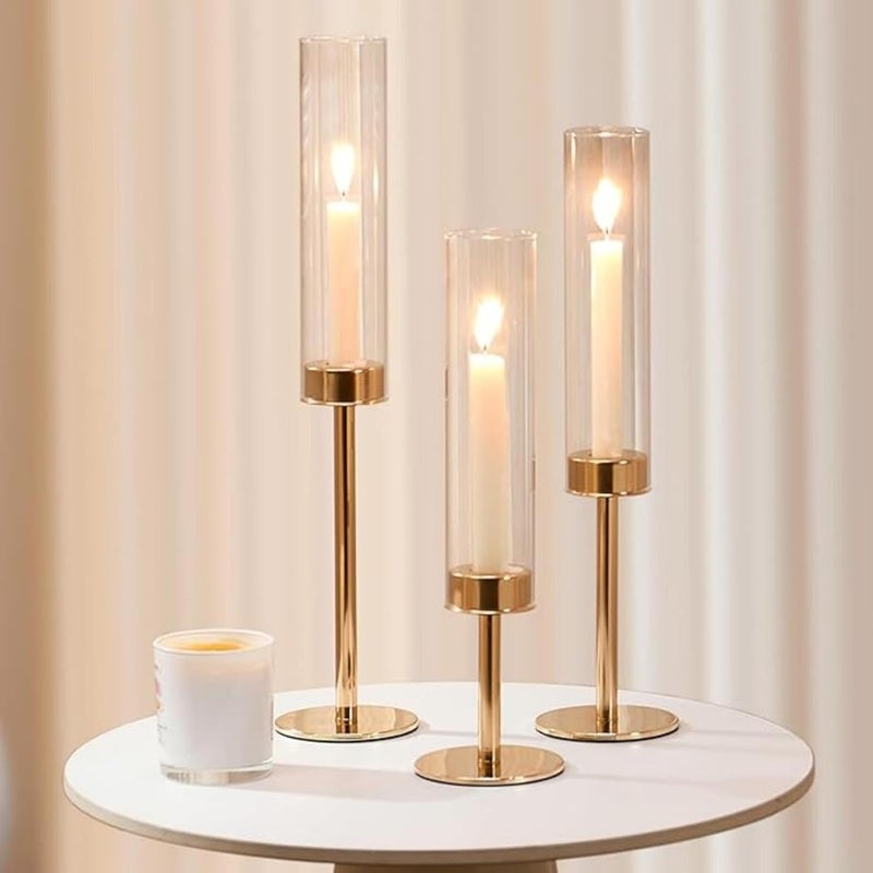 Yelajoy Gold Hurricane Taper Candle Holders - 3Pcs Brass Candlestick Holders with Ribbed Glass Cylinder Cover - Image 3