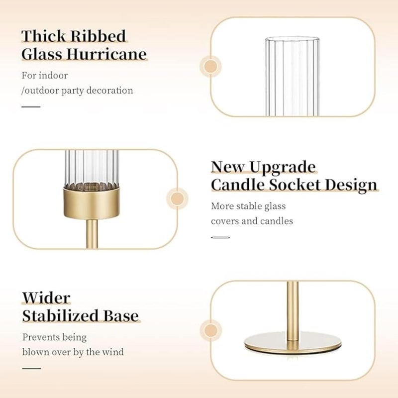 Yelajoy Gold Hurricane Taper Candle Holders - 3Pcs Brass Candlestick Holders with Ribbed Glass Cylinder Cover - Image 4