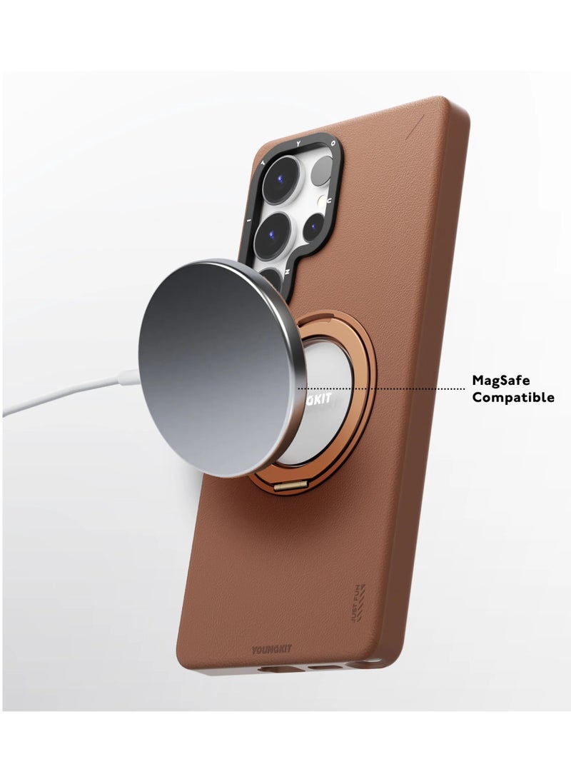 YOUNG KIT Leather 360° Spin Magnetic Stand Case for Samsung Galaxy S25 Ultra – Brown | Premium Matte Leather Kickstand Cover - Image 5