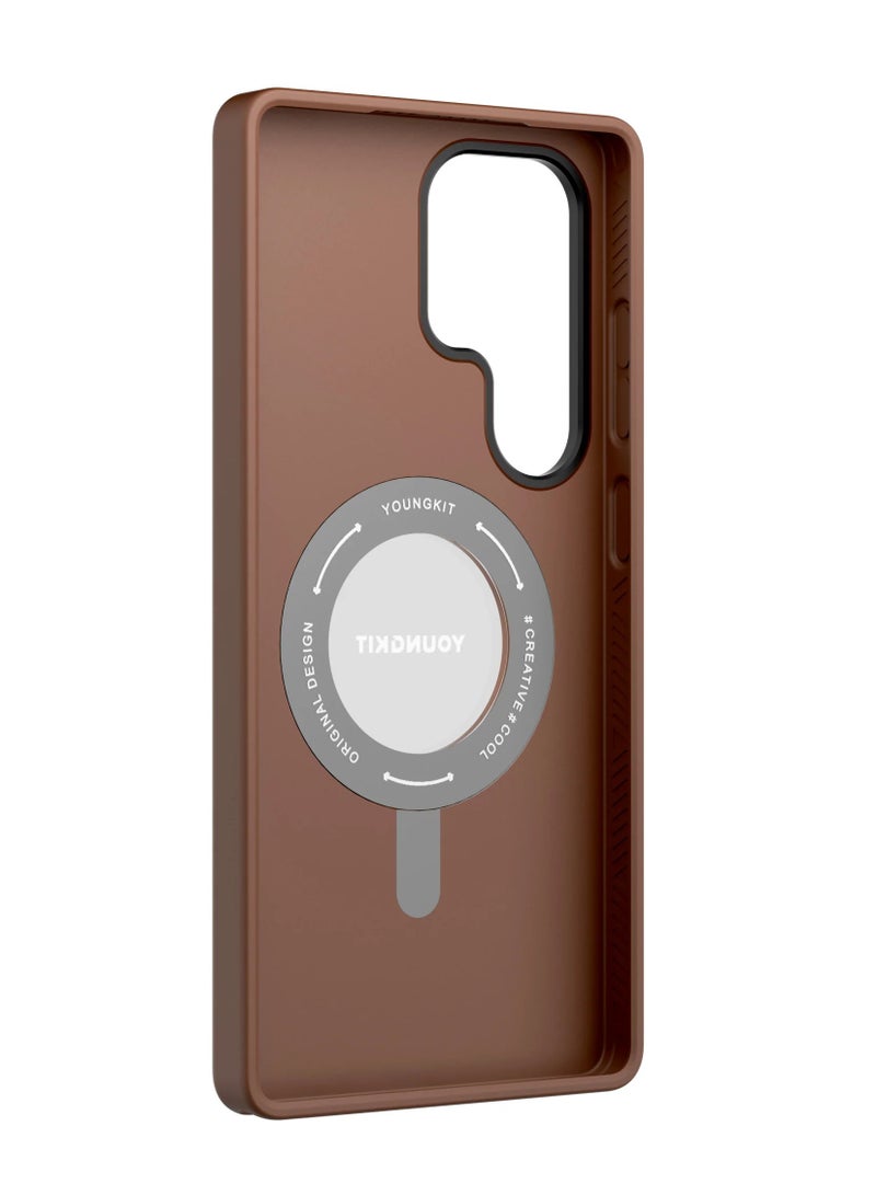 YOUNG KIT Leather 360° Spin Magnetic Stand Case for Samsung Galaxy S25 Ultra – Brown | Premium Matte Leather Kickstand Cover - Image 3