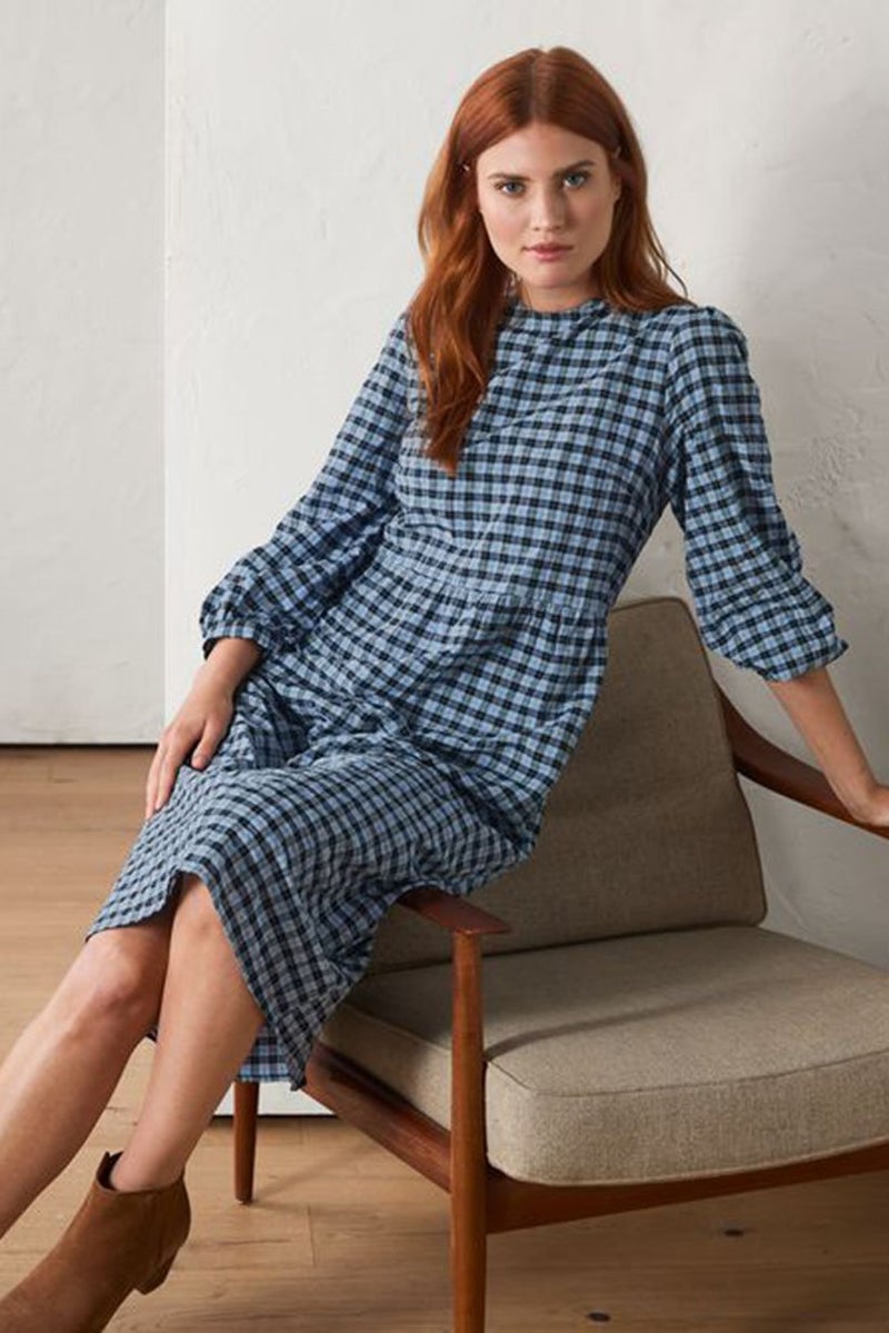 Tchibo فستان ميدي بكم 3/4 للنساء بتصميم قماش جينغham، أزرق - Image 1