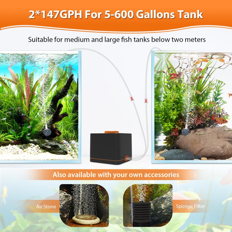 hygger Strong Aquarium Air Pump for Medium Large Fish Tank, Hydroponic Systerm, Household Commercial Use, 1 Outlet(OD-8mm), with Air Tubings, Multi-Head Control Valves - Image 4