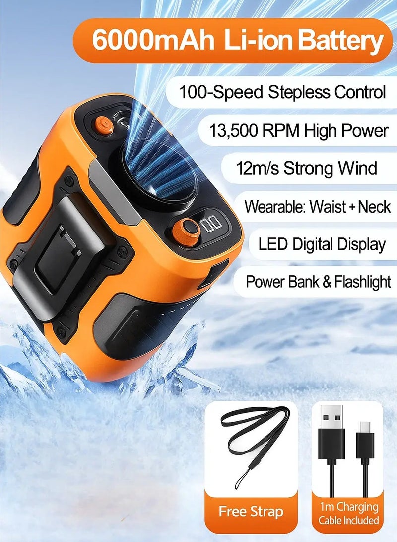 مروحة صغيرة متعددة الاستخدامات ٣ في ١ | شاحن USB + بنك طاقة + إضاءة LED | تُعلق على الرقبة أو الخصر أو باليد للاستخدام في الهواء الطلق أو المنزل أو أي مكان (برتقالي) - Image 1