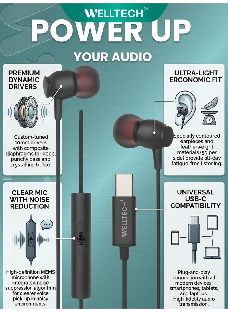 WELLTECH Type C Wired Earphones with Mic Pure Voice Clear Calling USB C Headphones Noise Isolation In Ear Headset for Android Samsung Gaming Meetings WELLTECH NIHA26 - Image 5