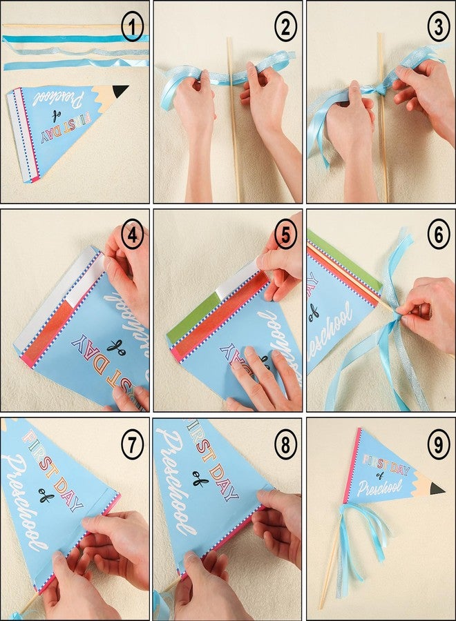 PEUTIER First Day of Preschool Flag, Pennant Banner Flags with Ribbons and Wood Stick Festive Party Pennants Cheerful Kindergarten Flag Decorative Preschool Banner for First Day of School Decorations - Image 3