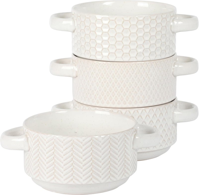 Gibson Elite Oyster Tide Embossed 6 Inch Soup Bowls with Handles French Onion Soup Crocks Stackable Soup Bowl Chili Beef Stew Reactive Glaze Stackable Ceramic Bowl Set of 4 White - Image 1