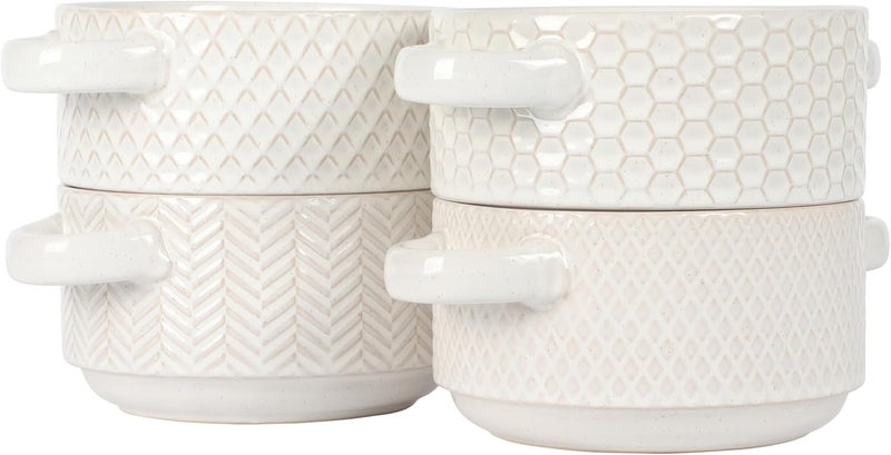 Gibson Elite Oyster Tide Embossed 6 Inch Soup Bowls with Handles French Onion Soup Crocks Stackable Soup Bowl Chili Beef Stew Reactive Glaze Stackable Ceramic Bowl Set of 4 White - Image 5