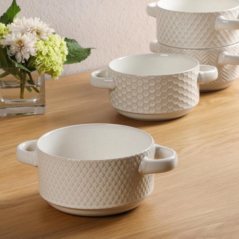 Gibson Elite Oyster Tide Embossed 6 Inch Soup Bowls with Handles French Onion Soup Crocks Stackable Soup Bowl Chili Beef Stew Reactive Glaze Stackable Ceramic Bowl Set of 4 White - Image 2