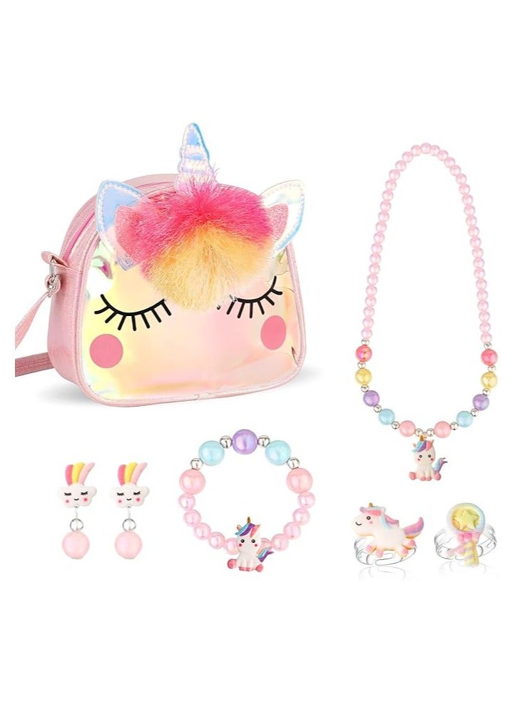 Unicorn Crossbody Bag, Purse with Jewelry Set Little Girls, Unicorn Princess Necklace Bracelet Rings Earrings Handbag Accessories, Jewelry Party Favors Gift Dress Up - Image 1