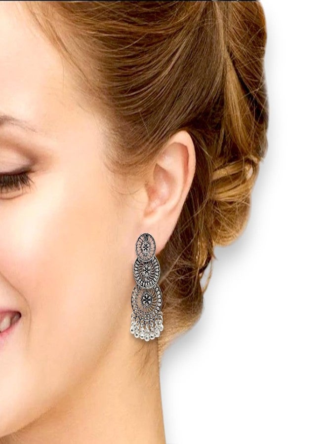 Elleva Long Earrings for Women Stylish Jhumka Set | Silver Oxidised Peacock Studs for Girls Combo Set | Fancy Jhumkas Jewellery Traditional Set for Wedding Gift, Set of 3 Pair (Pack of 1) - Image 5