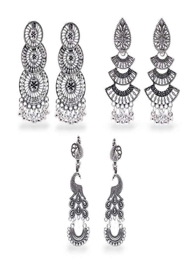 Elleva Long Earrings for Women Stylish Jhumka Set | Silver Oxidised Peacock Studs for Girls Combo Set | Fancy Jhumkas Jewellery Traditional Set for Wedding Gift, Set of 3 Pair (Pack of 1) - Image 1