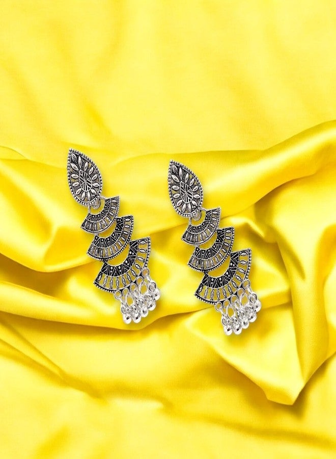 Elleva Long Earrings for Women Stylish Jhumka Set | Silver Oxidised Peacock Studs for Girls Combo Set | Fancy Jhumkas Jewellery Traditional Set for Wedding Gift, Set of 3 Pair (Pack of 1) - Image 3